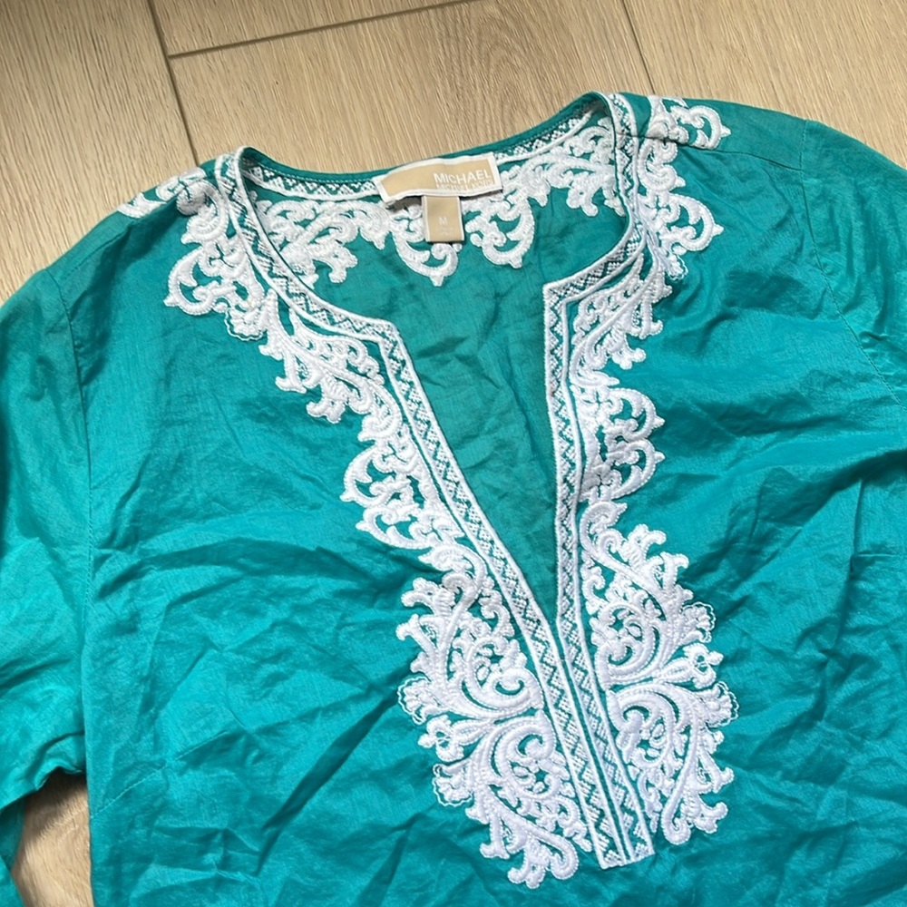 Michael Kors Blue Embroidered Long Sleeve Shirt Blouse Size Medium - Picture 2 of 5